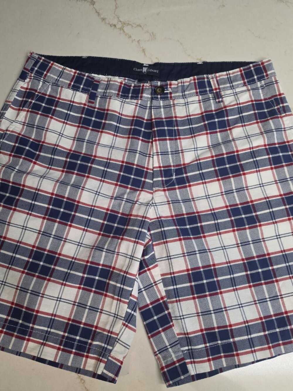 Patriotic Men's Golf Shorts 34 Plaid Red White & Blue Flat Front